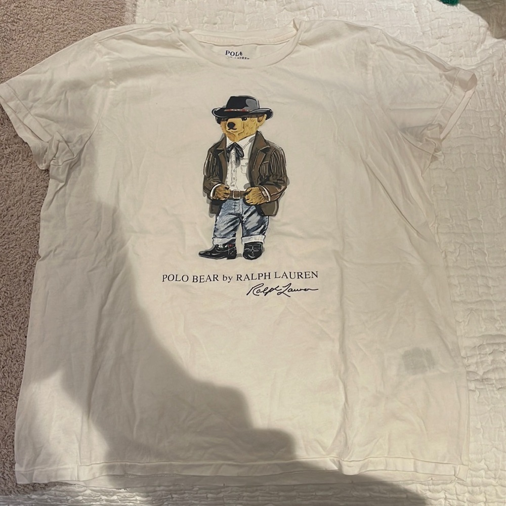 Polo by ralph lauren cowboy bear t shirt, off white color, distressed hems
